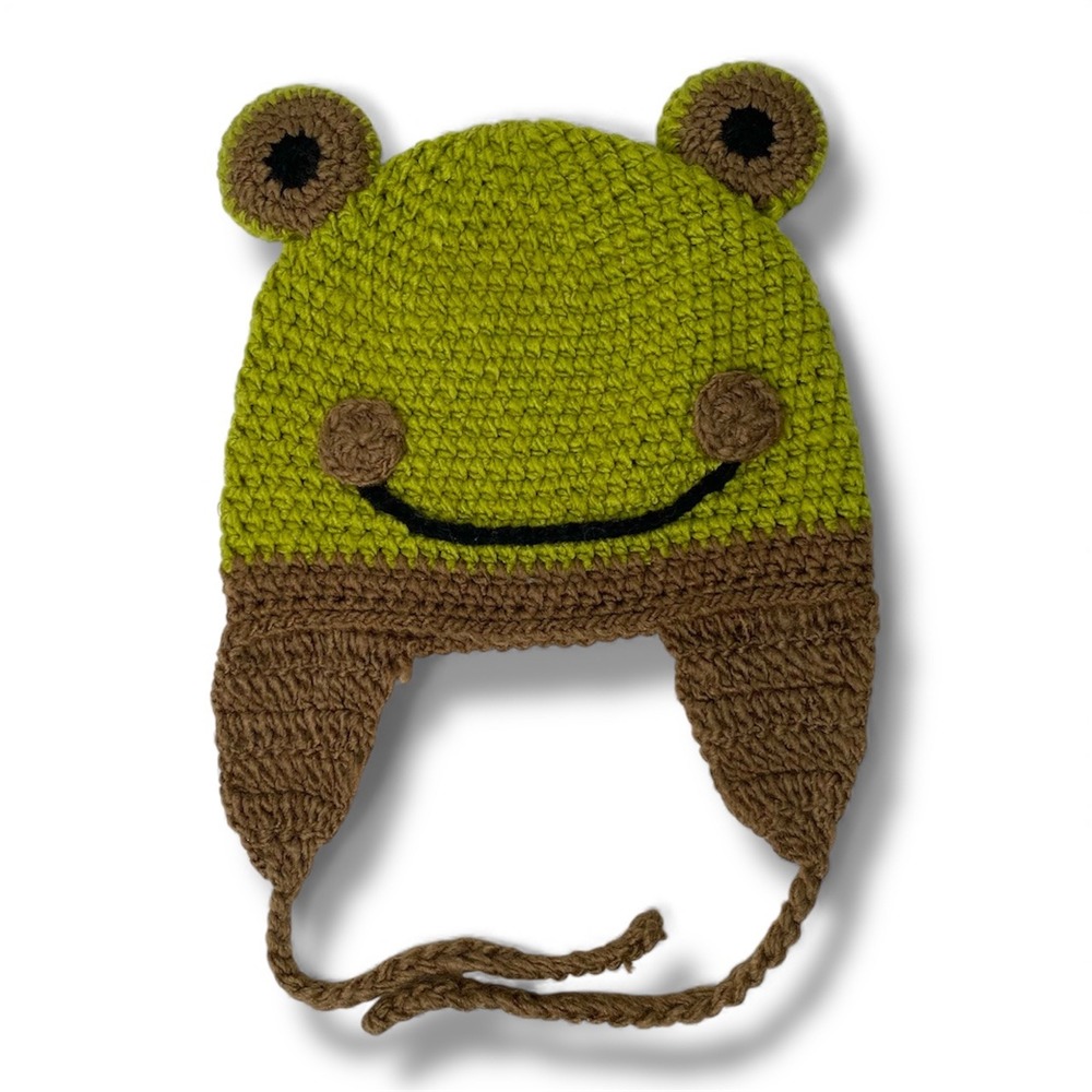 Kids Crochet Frog Hat Green Brown Ear Flaps Winter Beanie Cap Unisex